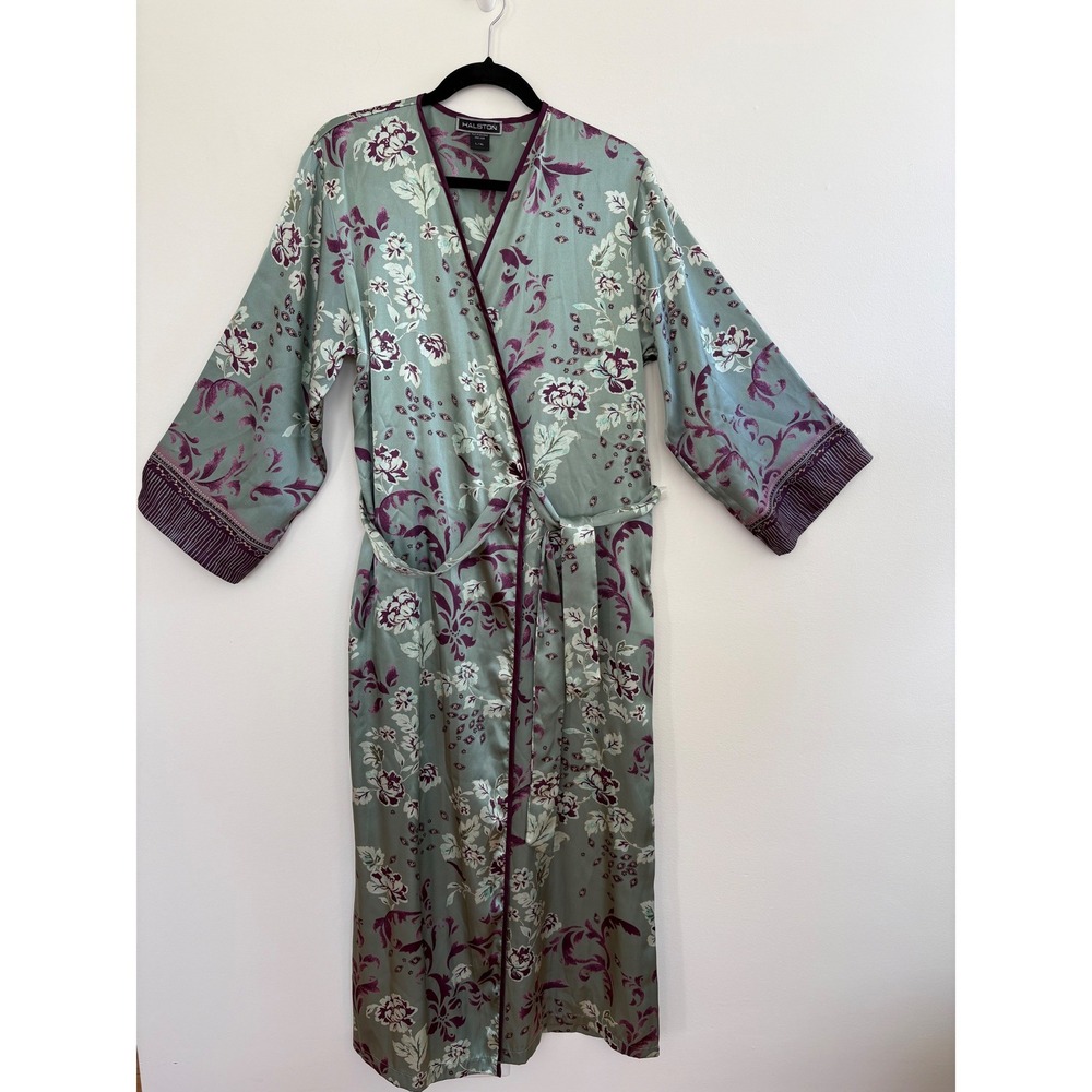 Halston Satin Long Robe Floral Wrap Kimono Loungewear Regencycore Boho L/XL